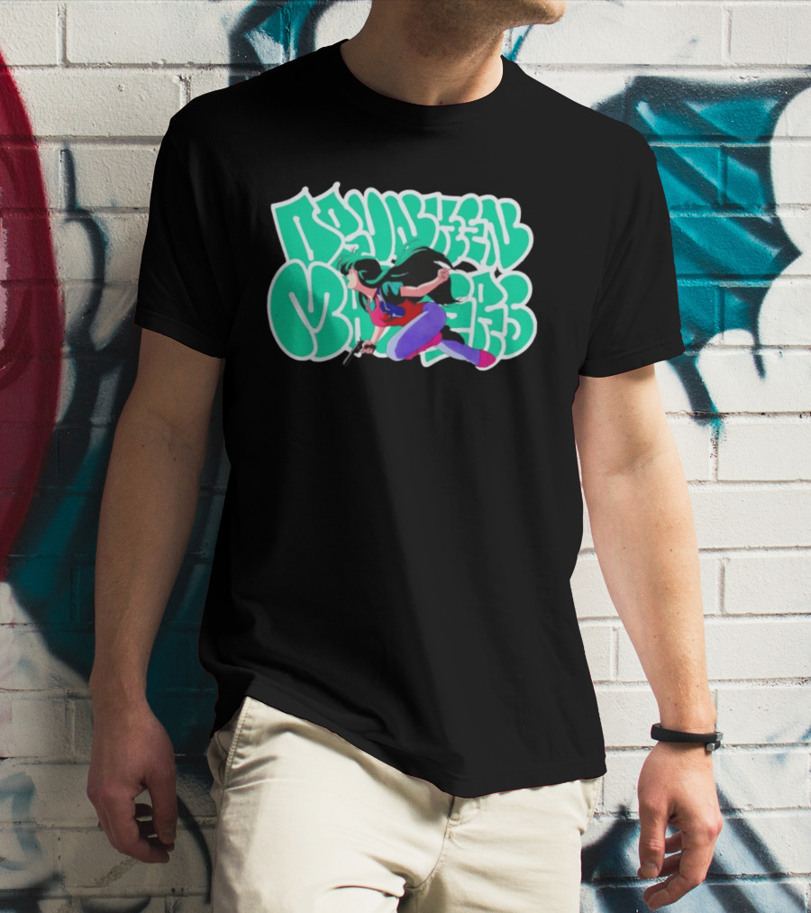 Drunken Masters Anime Girl Green Graffiti Gun Action T-Shirt