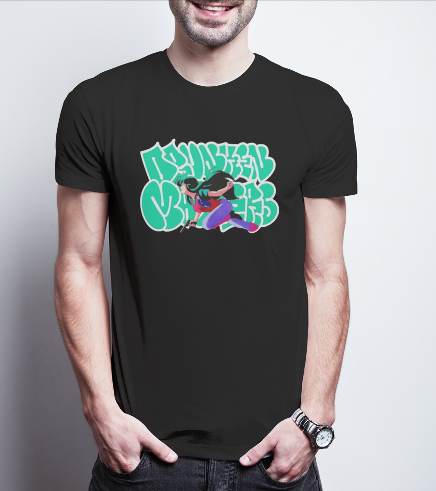 Drunken Masters Anime Girl Green Graffiti Gun Action T-Shirt