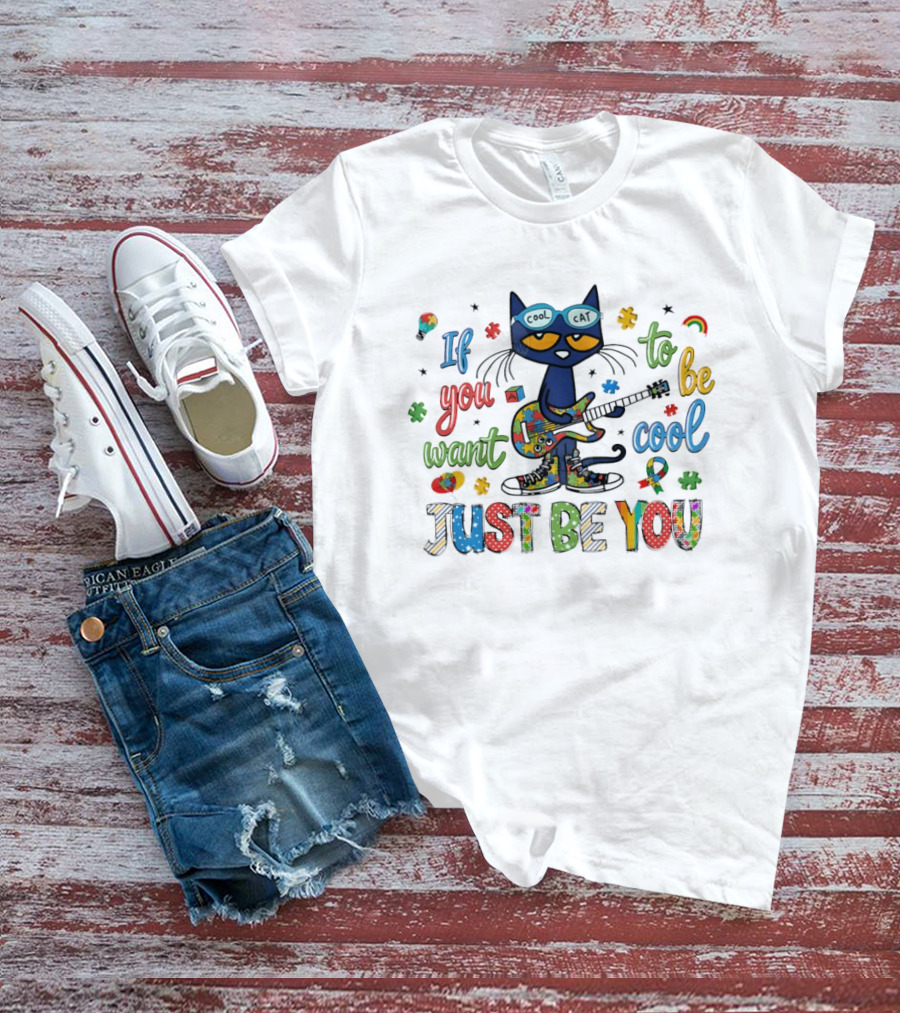 Cool Cat Just Be You Autism Puzzle Guitar T-Shirt