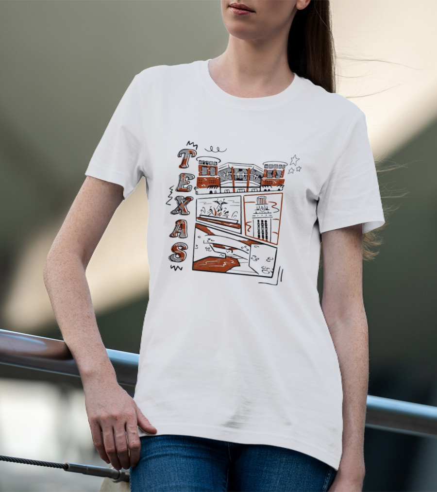 Texas Longhorns Campus Landmarks Comic Art Stadium Tower T-Shirt