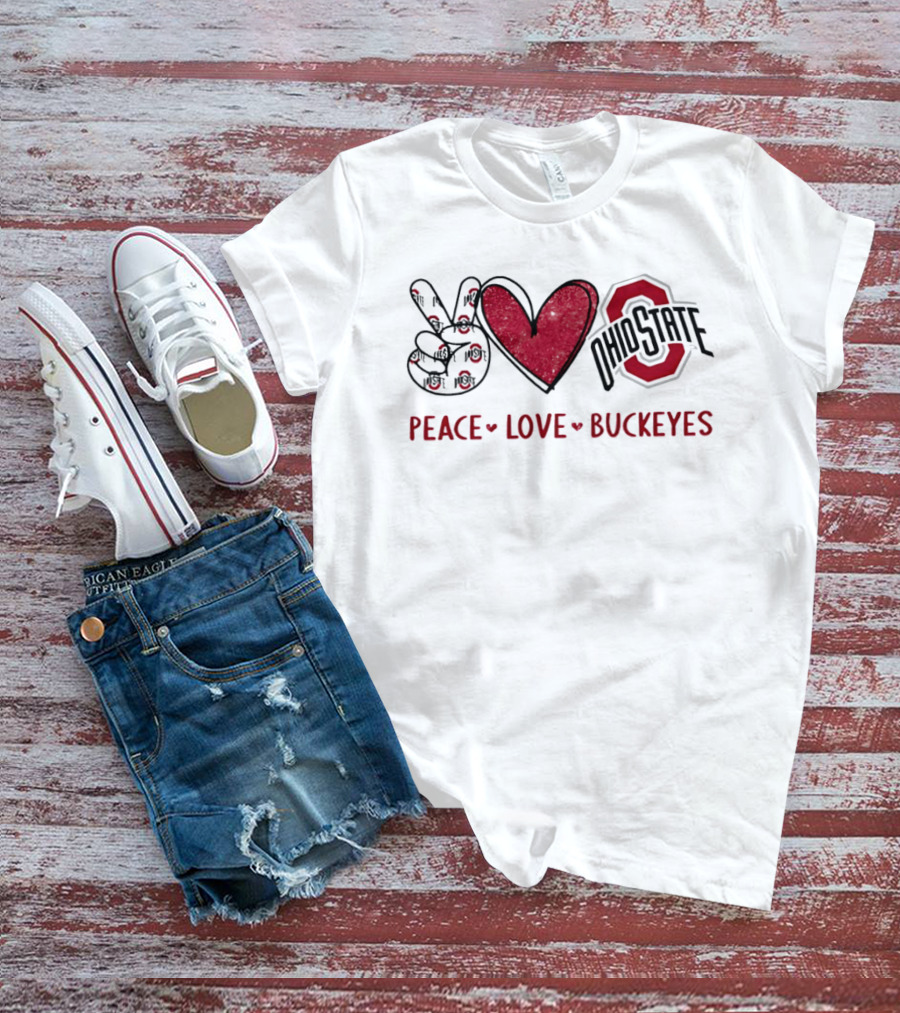 Ohio State Buckeyes Peace Love Buckeyes Hand Sign Heart Shape T-Shirt