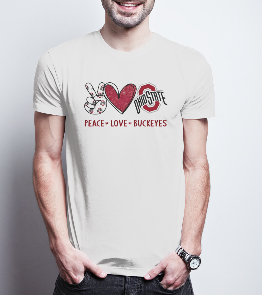 Ohio State Buckeyes Peace Love Buckeyes Hand Sign Heart Shape T-Shirt