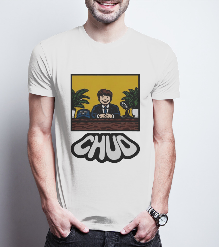 Fuentes Store Chud Comic Style Desk Scene With Microphone And Cap T-Shirt