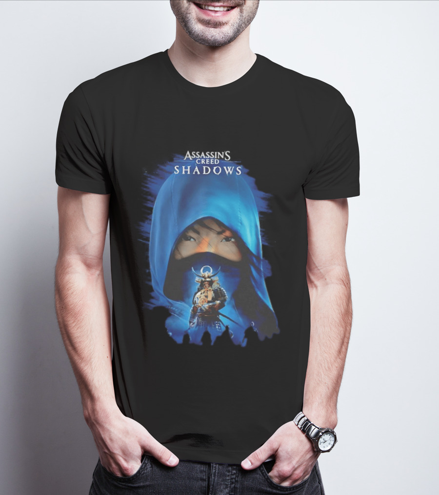 Assassin's Creed Shadows Blue Cloaked Figure With Samurai Warrior T-Shirt