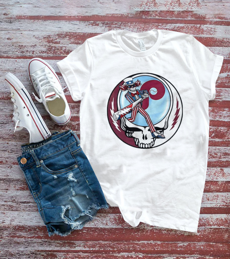 Philadelphia Phillies Uncle Sam Skeleton Baseball Stealie T-Shirt