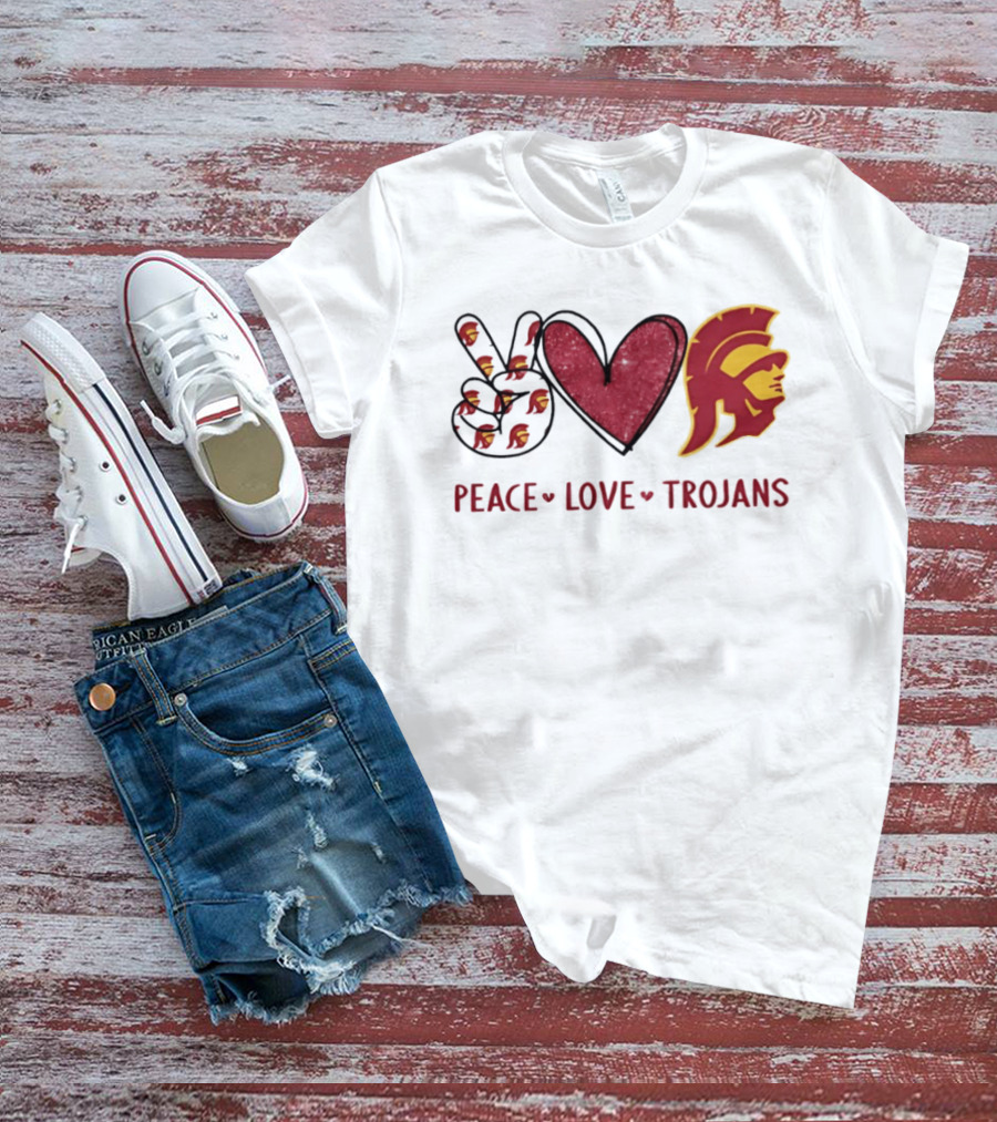 USC Trojans Peace Love Hand Sign Heart Shape T-Shirt