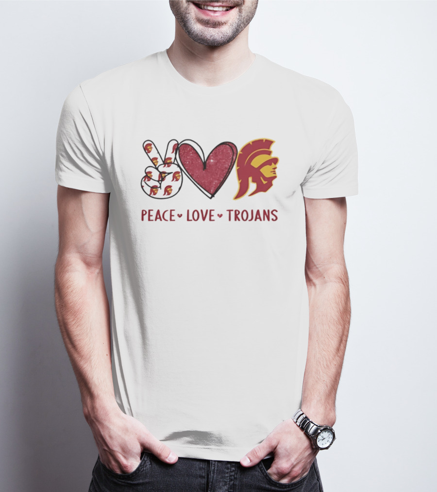 USC Trojans Peace Love Hand Sign Heart Shape T-Shirt
