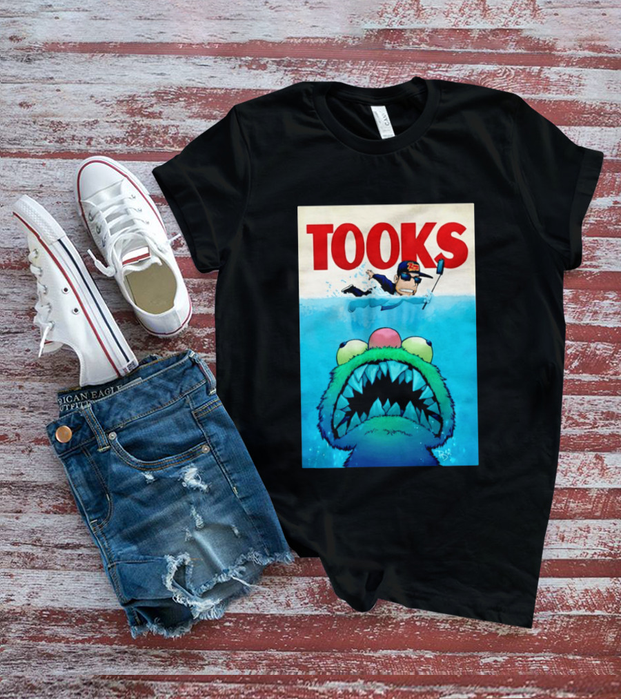 TOOKS Cartoon Giant Monster Inspired By Jaws With Diver And Cap T-Shirt