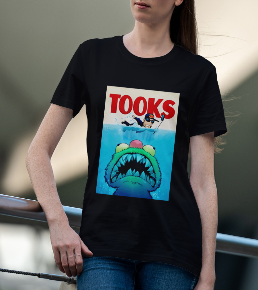 TOOKS Cartoon Giant Monster Inspired By Jaws With Diver And Cap T-Shirt