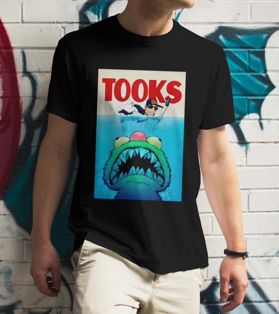 TOOKS Cartoon Giant Monster Inspired By Jaws With Diver And Cap T-Shirt