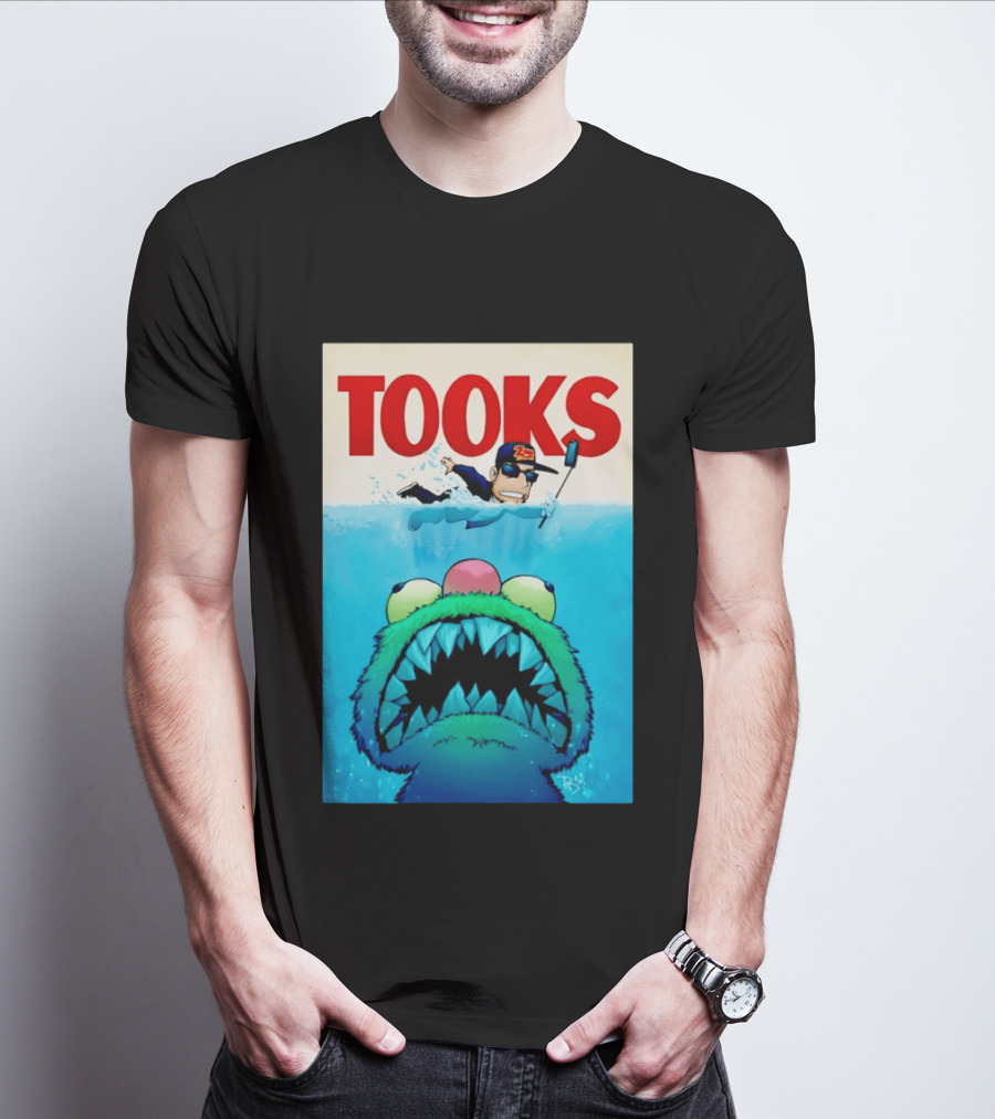TOOKS Cartoon Giant Monster Inspired By Jaws With Diver And Cap T-Shirt