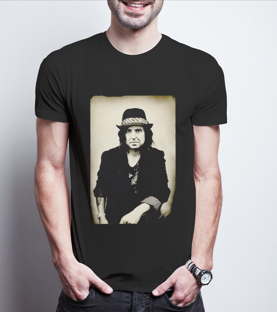 Phil Campbell Vintage Style Portrait Wearing Hat T-Shirt