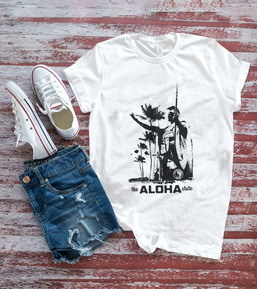 The Aloha State Ka Black White Hawaiian King Statue Palms T-Shirt