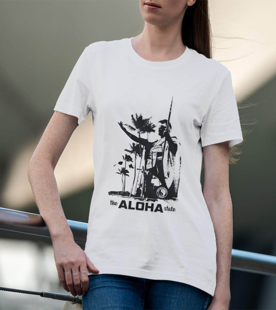 The Aloha State Ka Black White Hawaiian King Statue Palms T-Shirt
