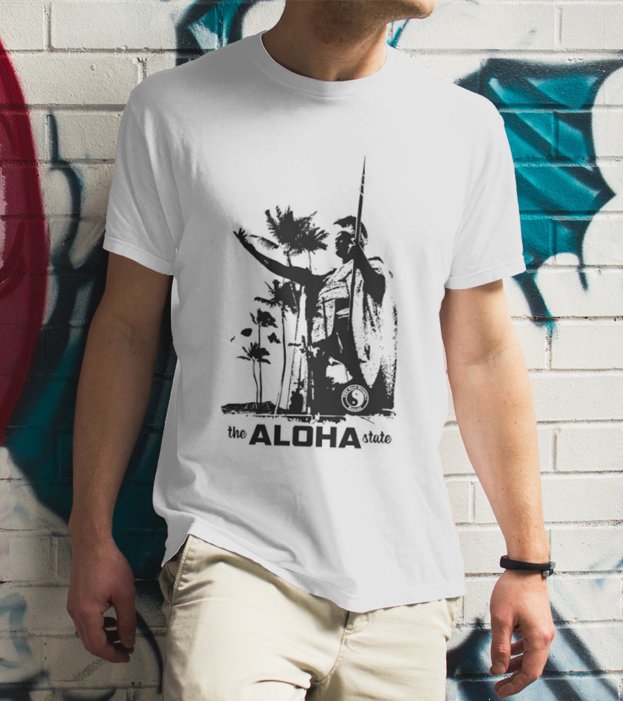 The Aloha State Ka Black White Hawaiian King Statue Palms T-Shirt