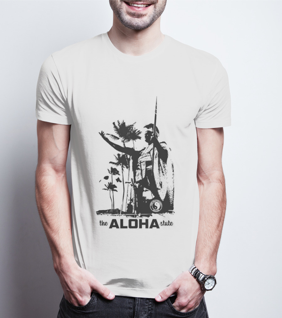 The Aloha State Ka Black White Hawaiian King Statue Palms T-Shirt