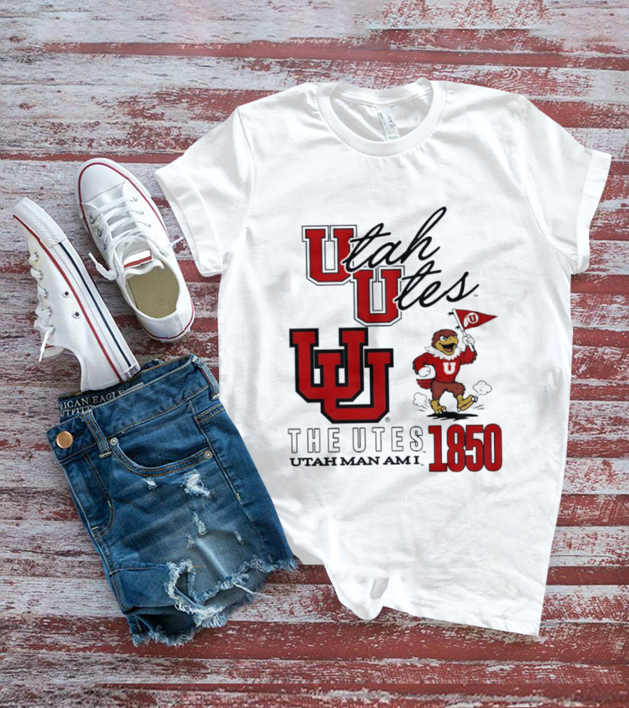 Utah Utes The Utes Utah Man Am I 1850 UU Holding Flag T-Shirt
