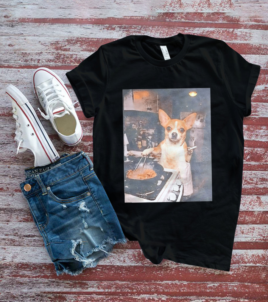 Chihuahua In Apron Cooking While Smoking In Vintage Kitchen Scene T-Shirt