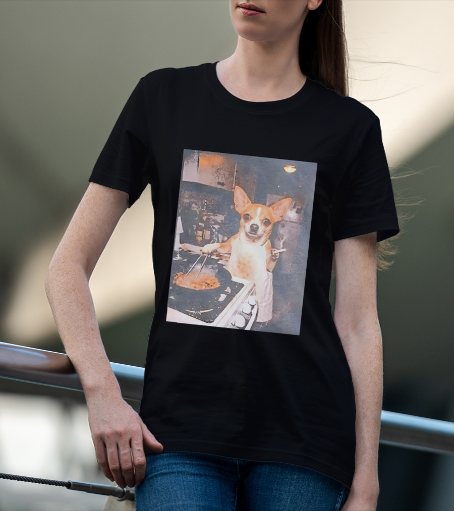 Chihuahua In Apron Cooking While Smoking In Vintage Kitchen Scene T-Shirt