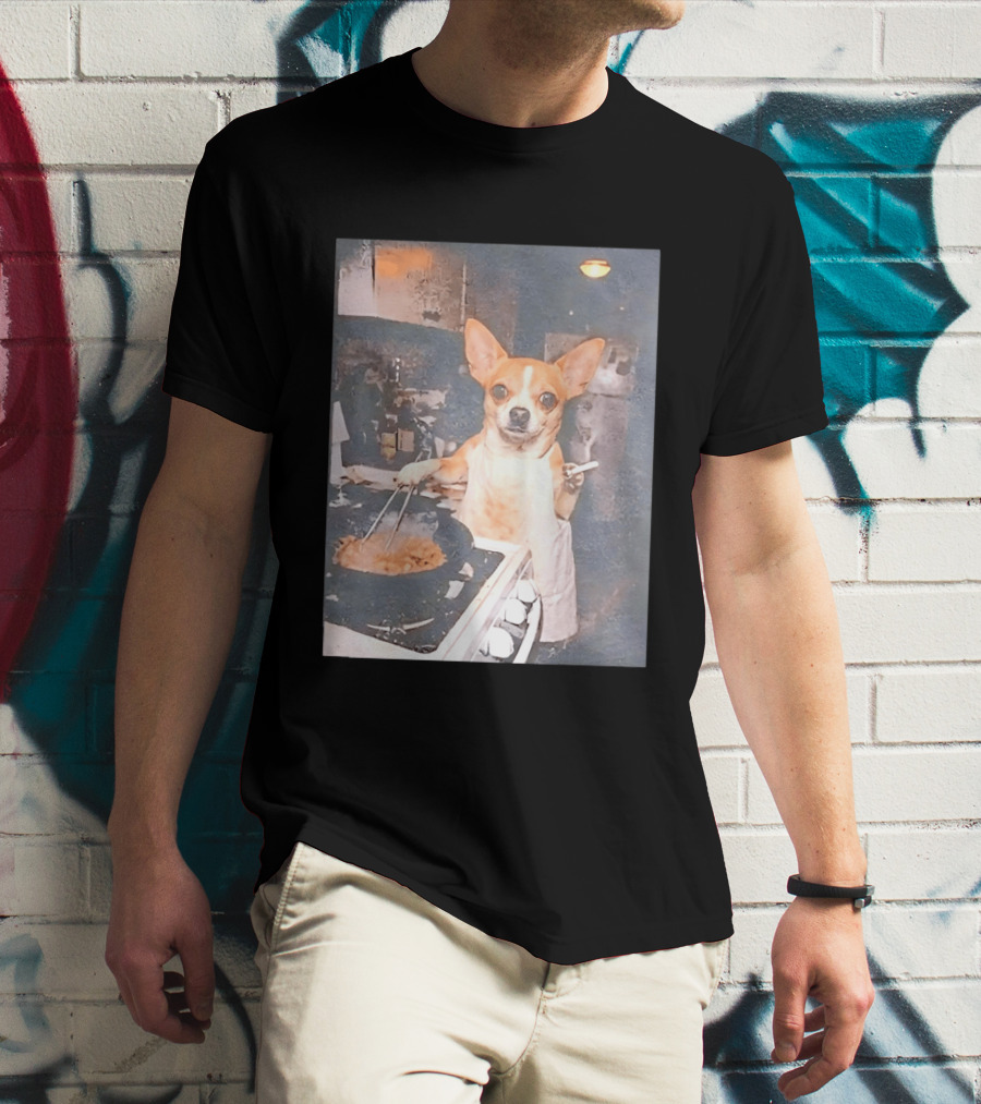 Chihuahua In Apron Cooking While Smoking In Vintage Kitchen Scene T-Shirt