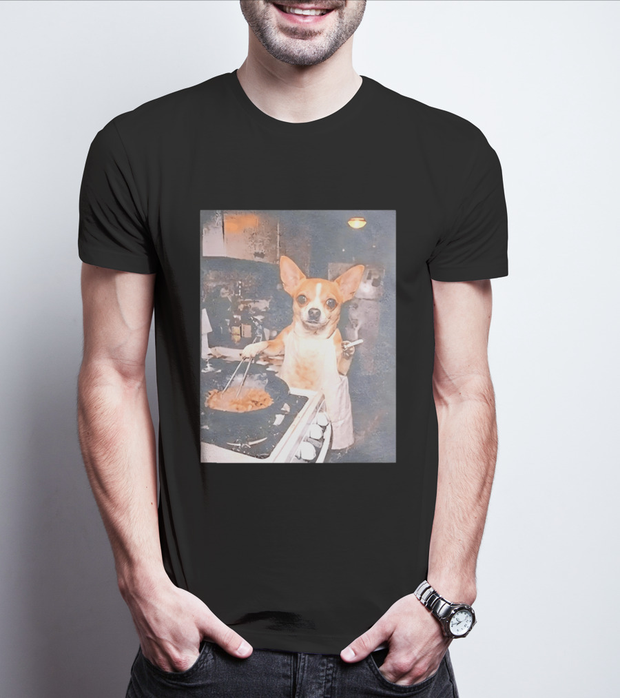 Chihuahua In Apron Cooking While Smoking In Vintage Kitchen Scene T-Shirt