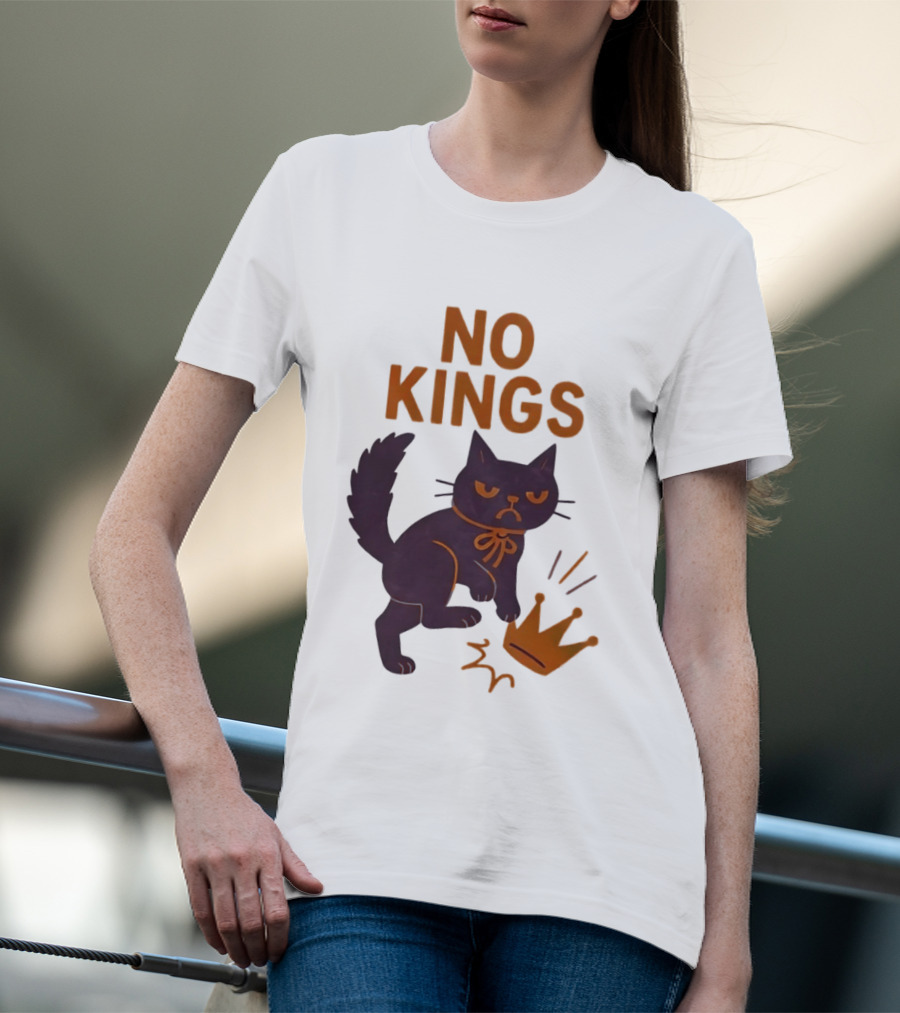 No Kings Black Cat Kicking Crown T-Shirt