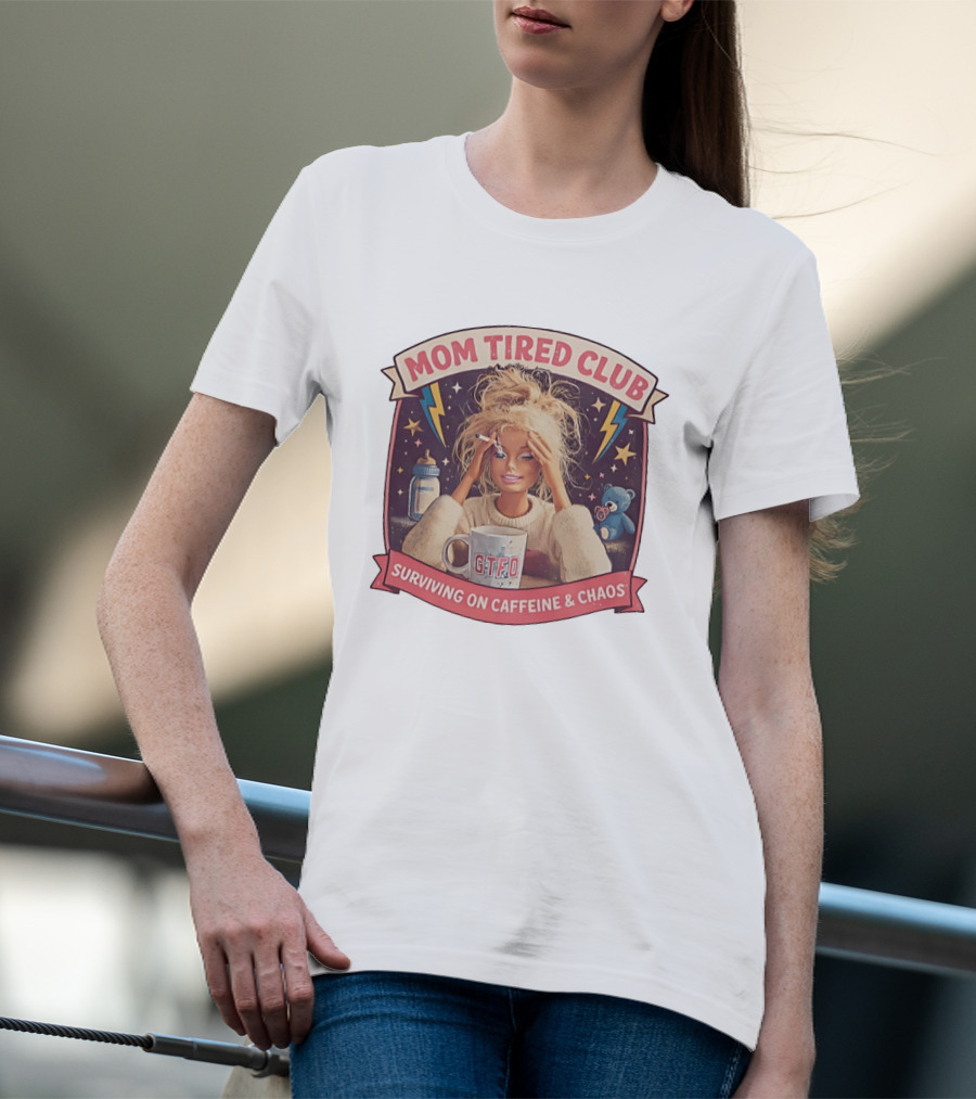 Mom Tired Club Surviving On Caffeine And Chaos Baby Doll T-Shirt