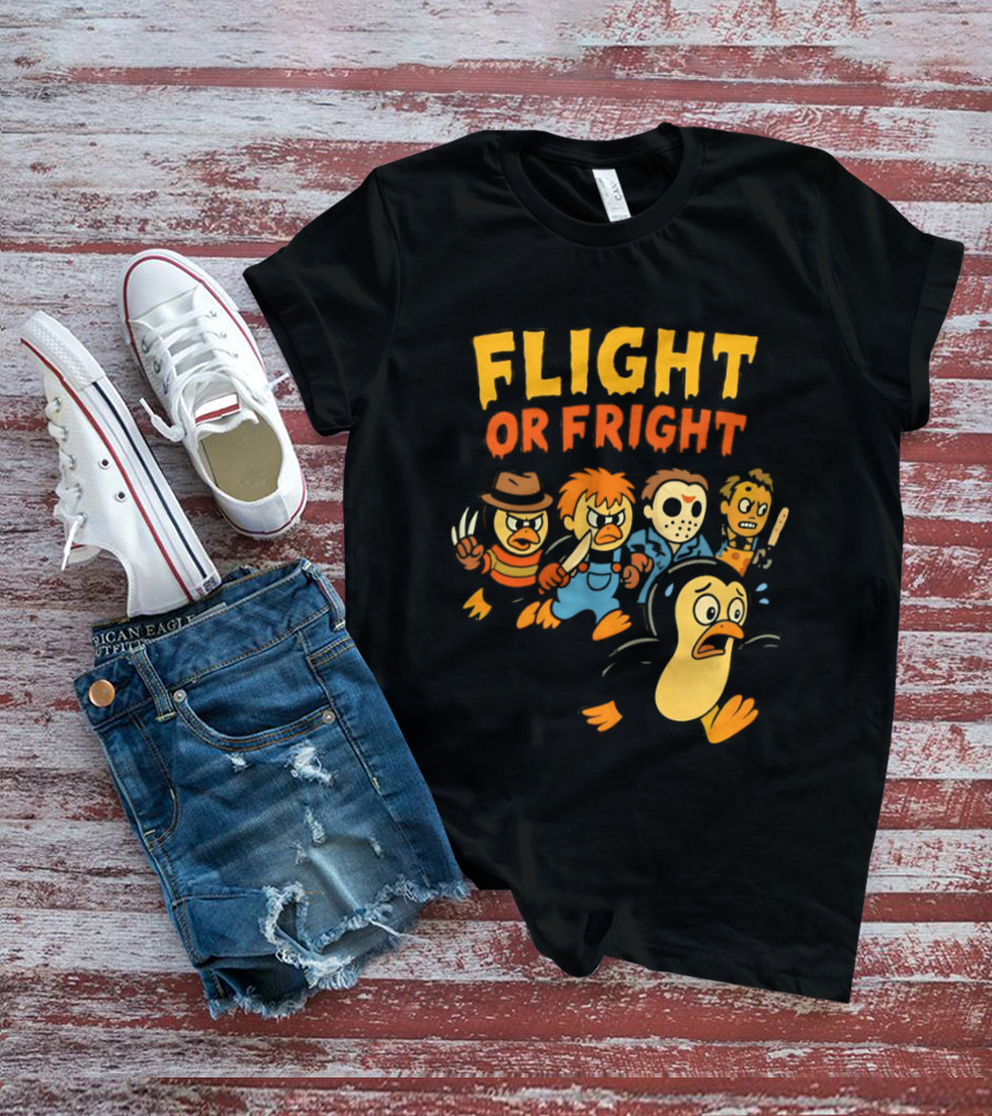 Flight Or Fright Penguin Horror Characters Comedy Mashup T-Shirt