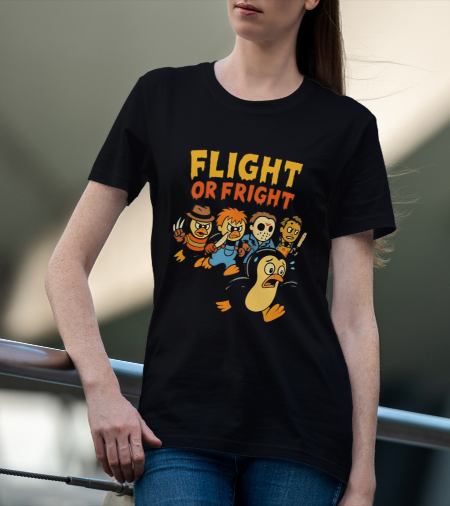 Flight Or Fright Penguin Horror Characters Comedy Mashup T-Shirt