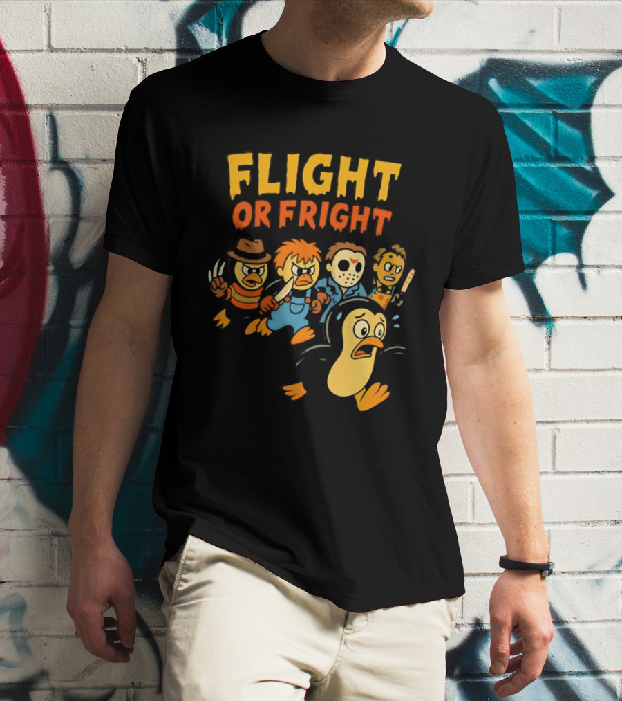 Flight Or Fright Penguin Horror Characters Comedy Mashup T-Shirt