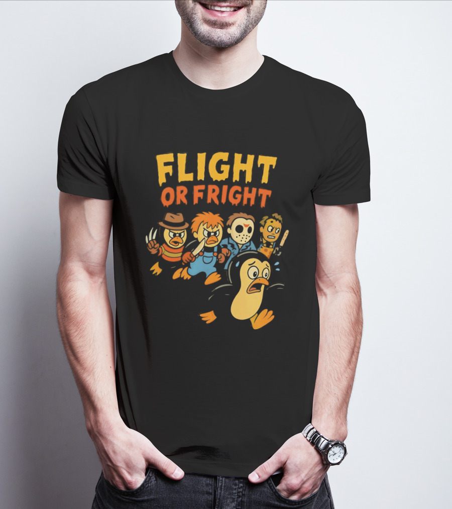 Flight Or Fright Penguin Horror Characters Comedy Mashup T-Shirt