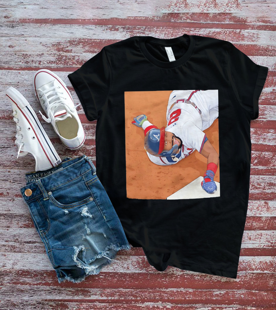 Ronald Acuna Jr Atlanta Braves Outfielder Sliding Baseball Action T-Shirt
