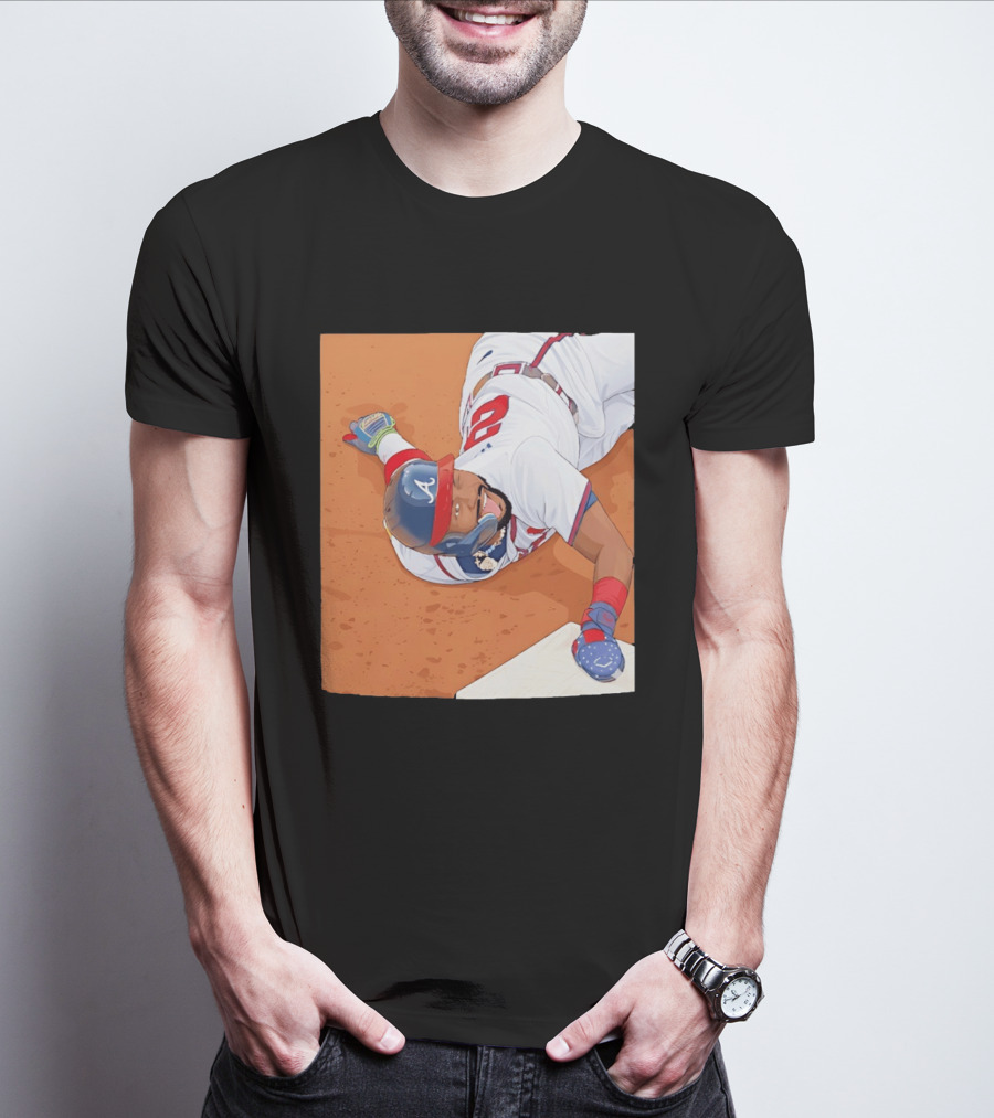 Ronald Acuna Jr Atlanta Braves Outfielder Sliding Baseball Action T-Shirt