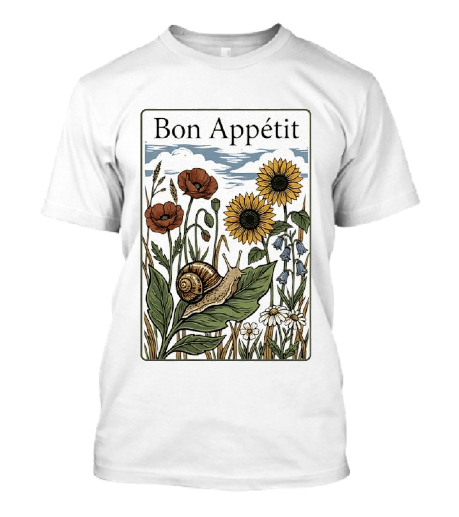 Bon Appétit Floral Snail Sunflowers And Poppies T-Shirt