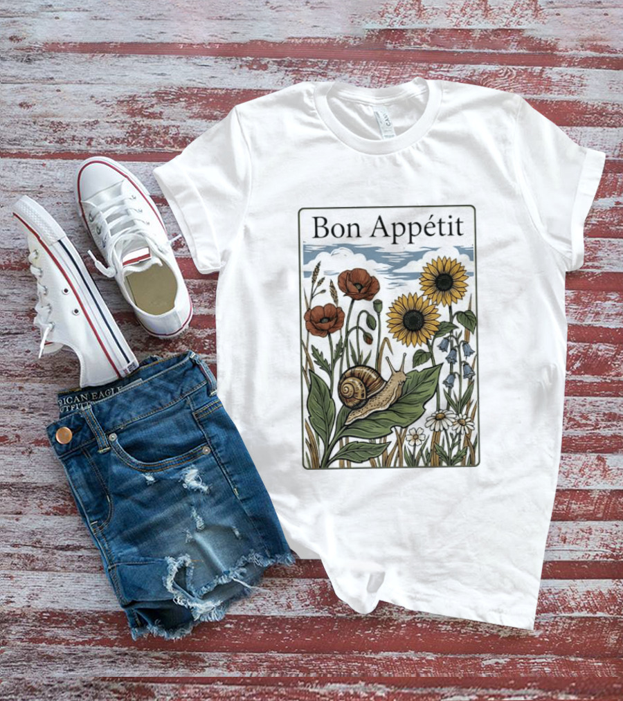 Bon Appétit Floral Snail Sunflowers And Poppies T-Shirt