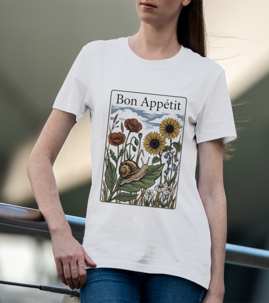 Bon Appétit Floral Snail Sunflowers And Poppies T-Shirt