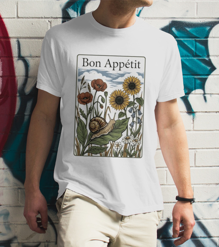 Bon Appétit Floral Snail Sunflowers And Poppies T-Shirt
