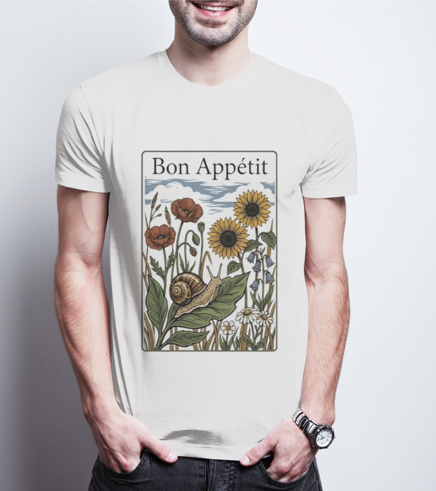 Bon Appétit Floral Snail Sunflowers And Poppies T-Shirt