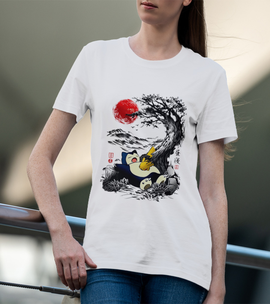 Snorlax Pikachu Napping Under Red Sun Tree T-Shirt