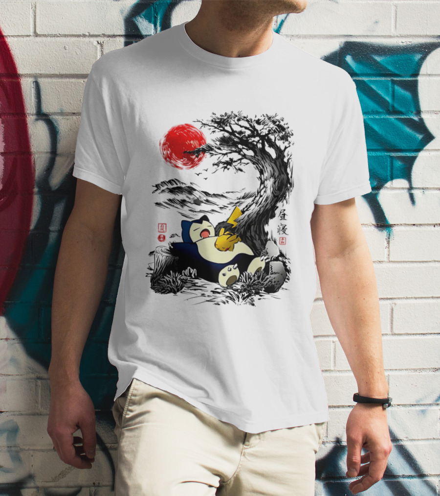 Snorlax Pikachu Napping Under Red Sun Tree T-Shirt