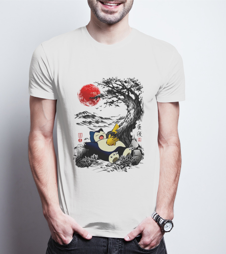 Snorlax Pikachu Napping Under Red Sun Tree T-Shirt