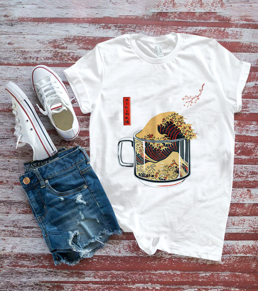 The Great Wave Of Coffee In A Cup With Japanese T-Shirt