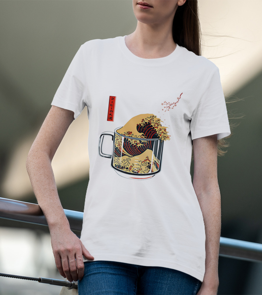 The Great Wave Of Coffee In A Cup With Japanese T-Shirt