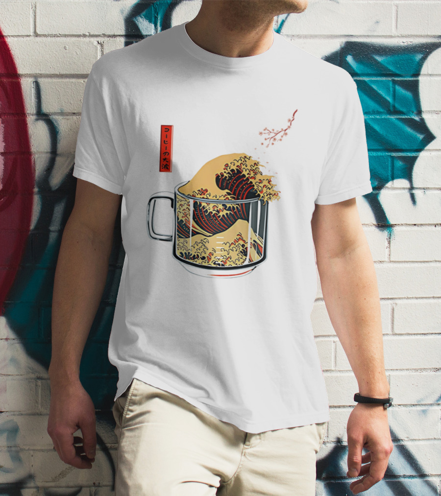 The Great Wave Of Coffee In A Cup With Japanese T-Shirt