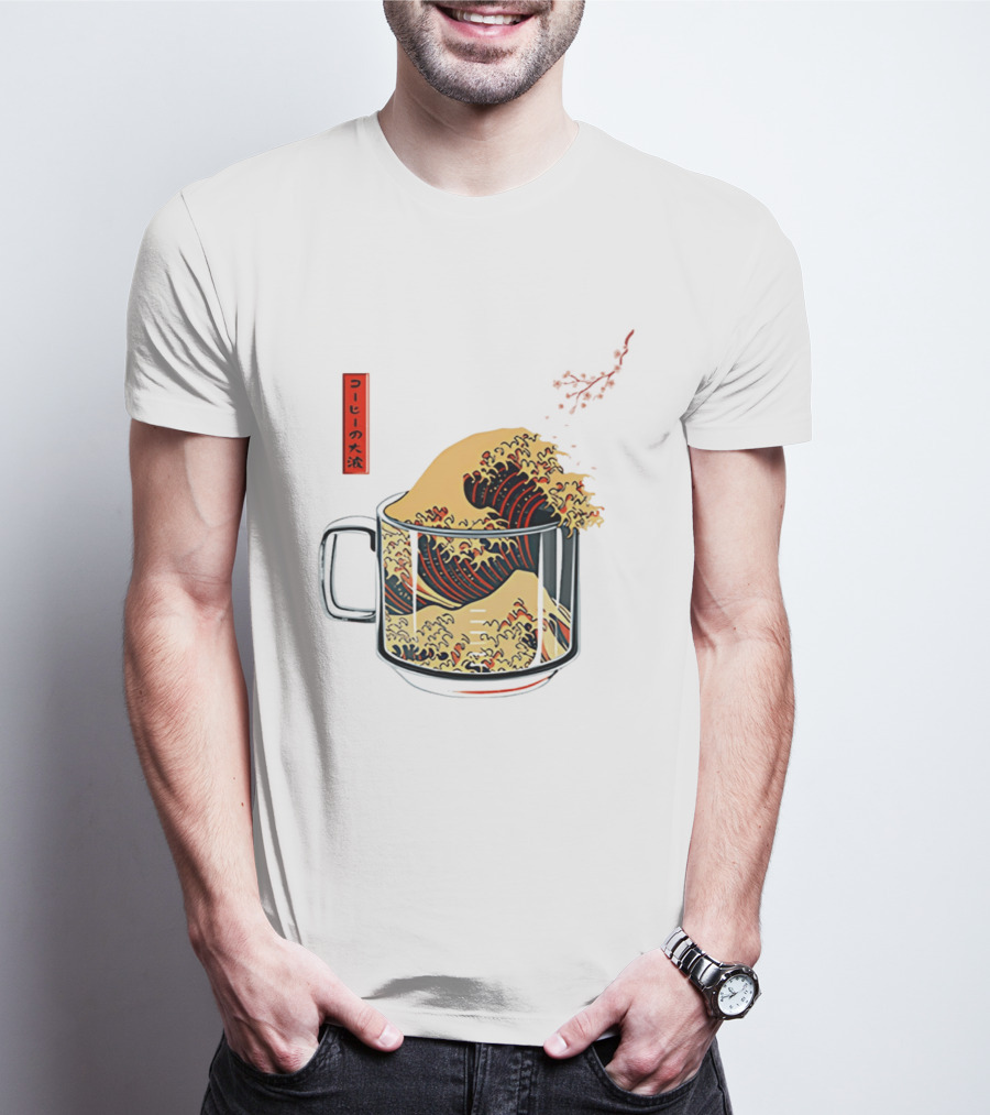 The Great Wave Of Coffee In A Cup With Japanese T-Shirt