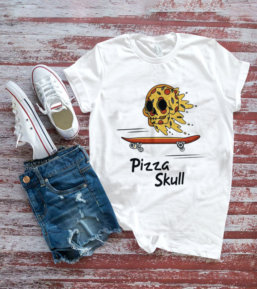 Pizza Skull Melting Slice Skateboard T-Shirt