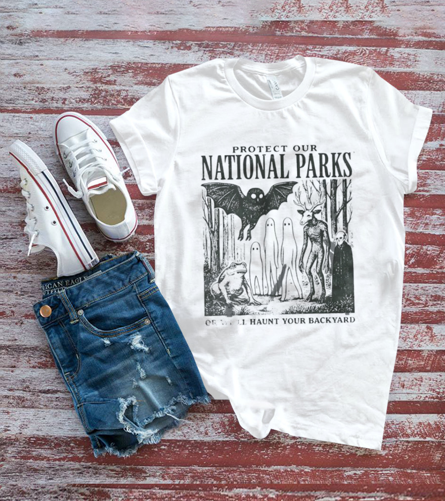 Protect Our National Parks Mothman Bigfoot Ghost Deer Cryptid Horror Characters T-Shirt