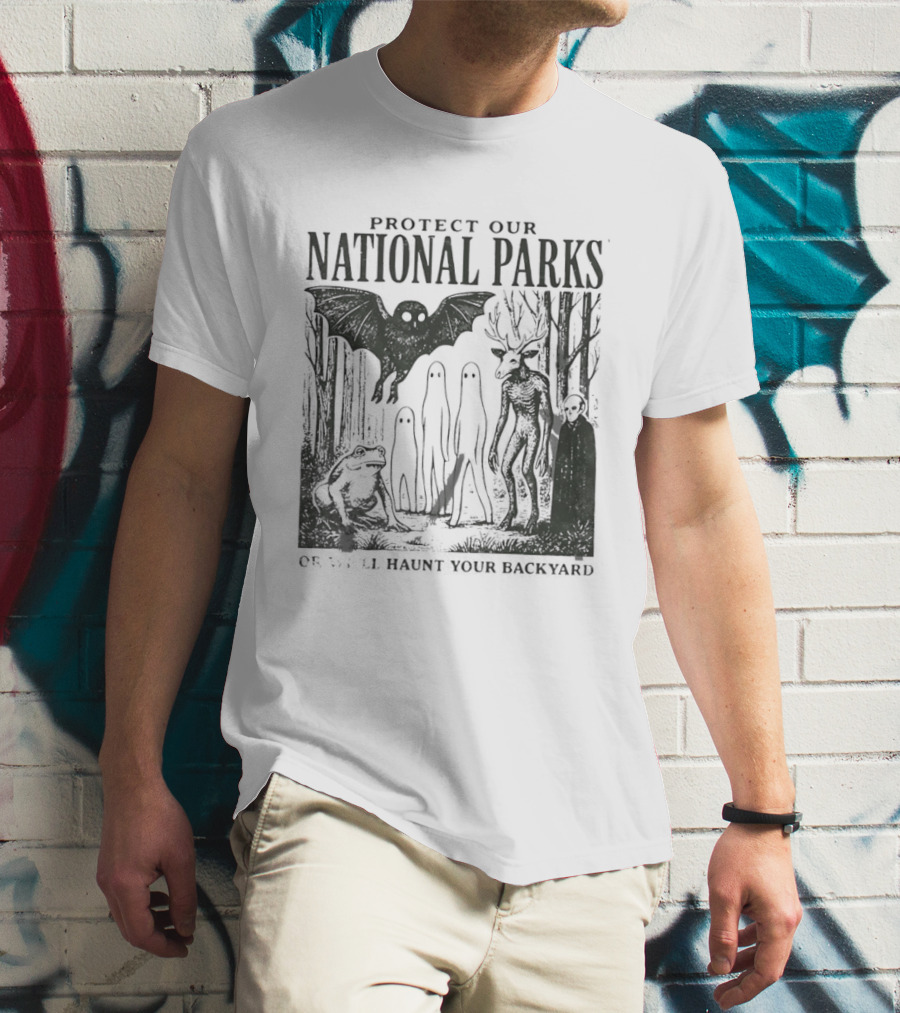 Protect Our National Parks Mothman Bigfoot Ghost Deer Cryptid Horror Characters T-Shirt