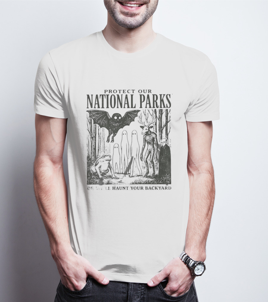 Protect Our National Parks Mothman Bigfoot Ghost Deer Cryptid Horror Characters T-Shirt