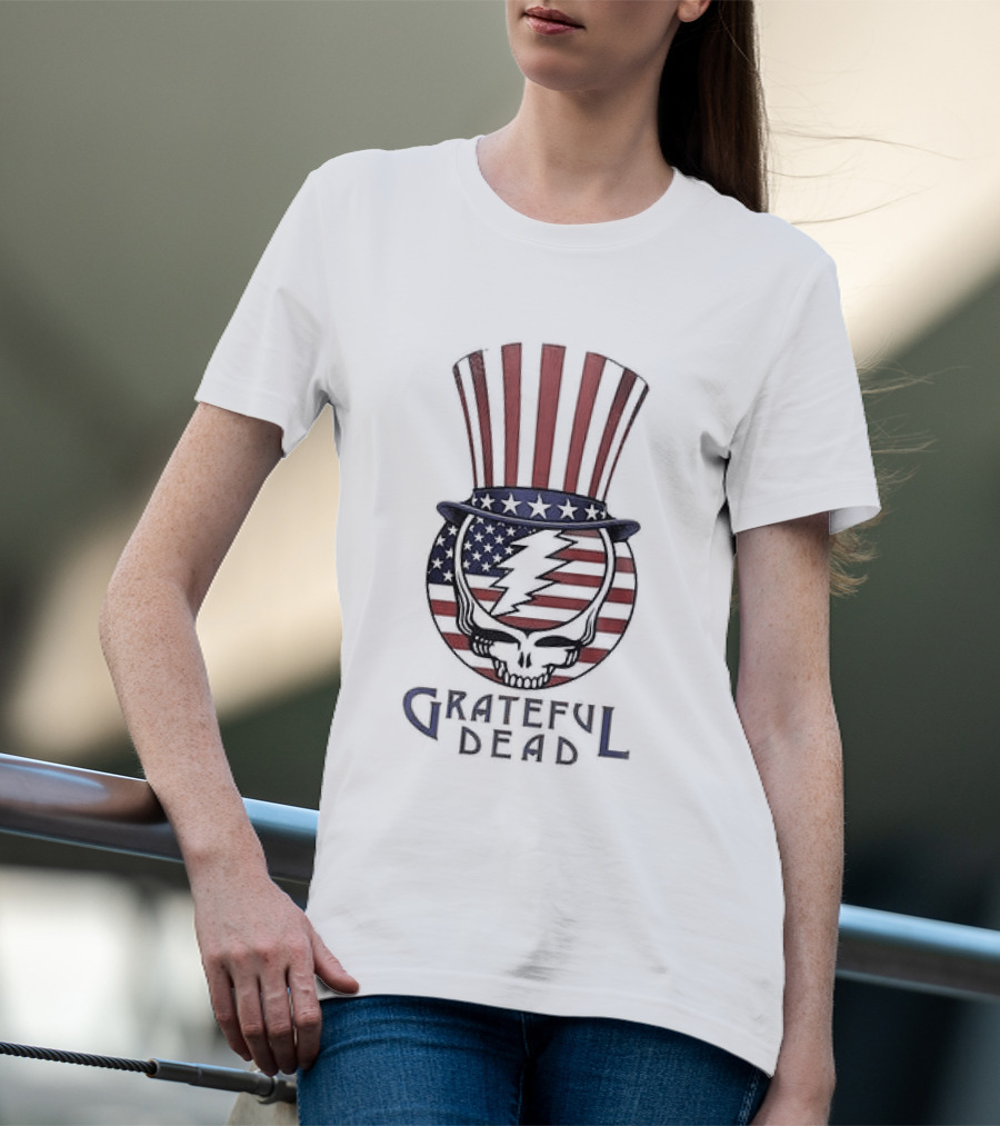 Grateful Dead American Flag Skeleton Uncle Sam Hat T-Shirt